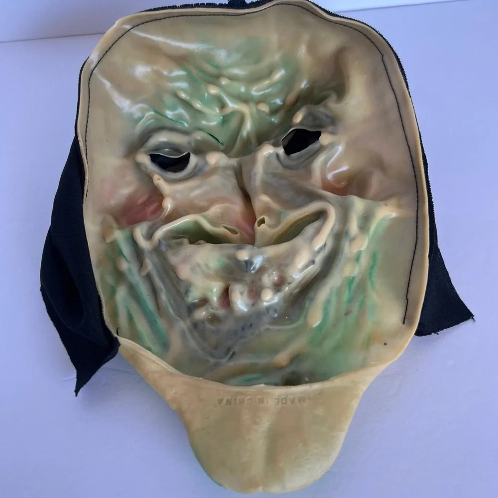 Vintage Halloween Witch Rubber Mask Green/Red Nose and Teeth with Hood